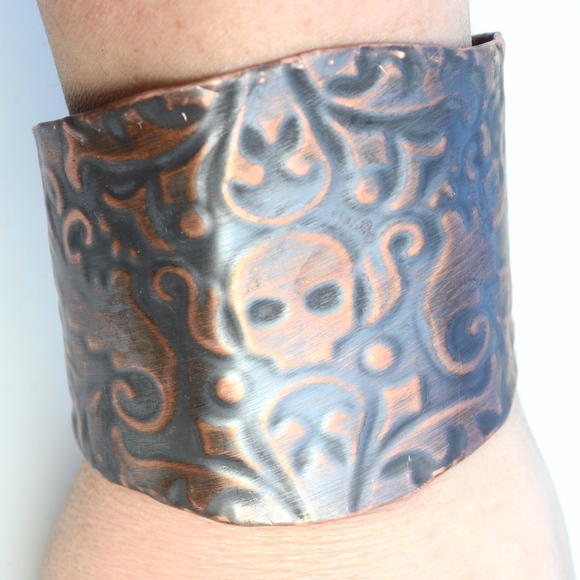 Embossed Skull Solid Copper Biker Cuff Bracelet Biker Bohemian Rustic Handmade - Picture 2 of 7